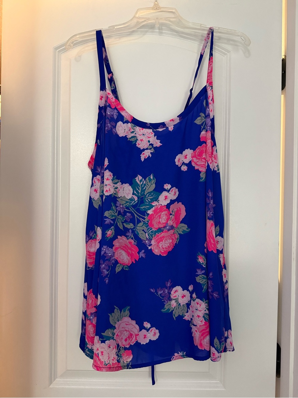 Blue Floral Spaghetti-Strap Camisole with Pink Roses